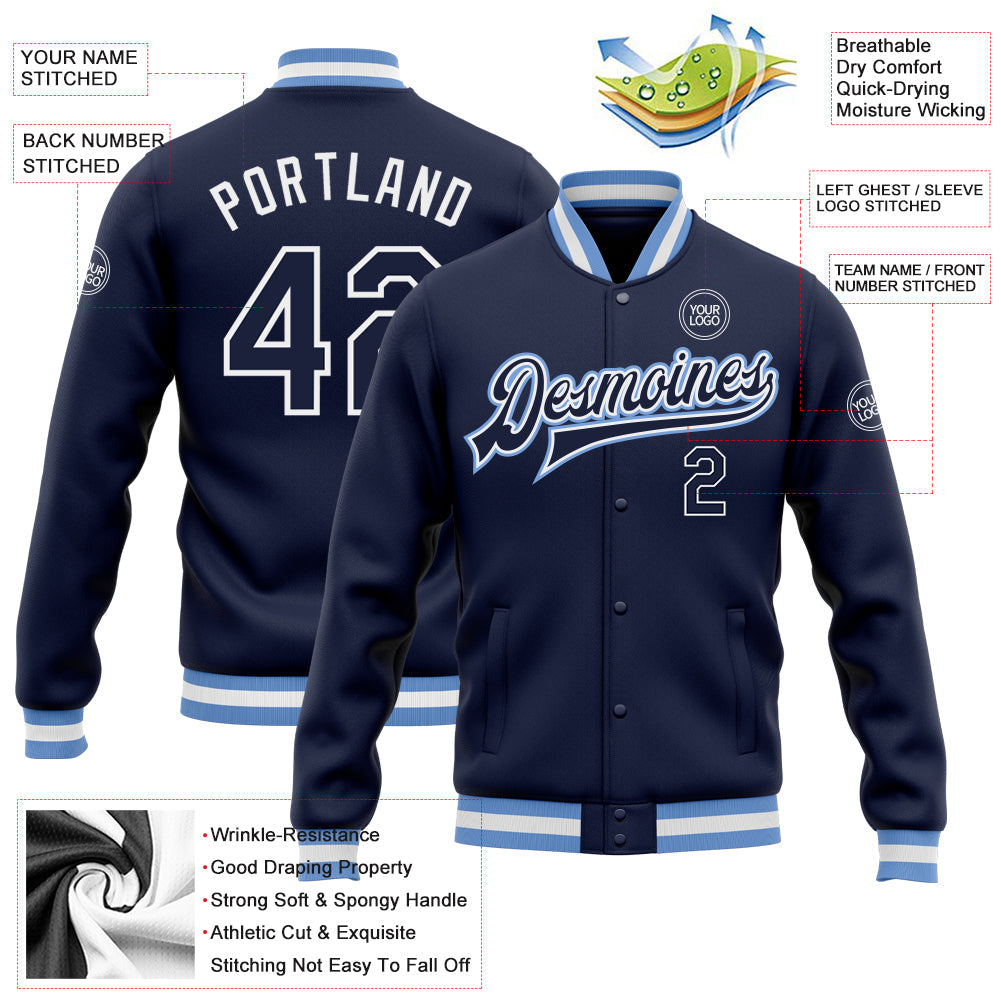 Custom Navy Navy-Light Blue Bomber Full-Snap Varsity Letterman Jacket view 5