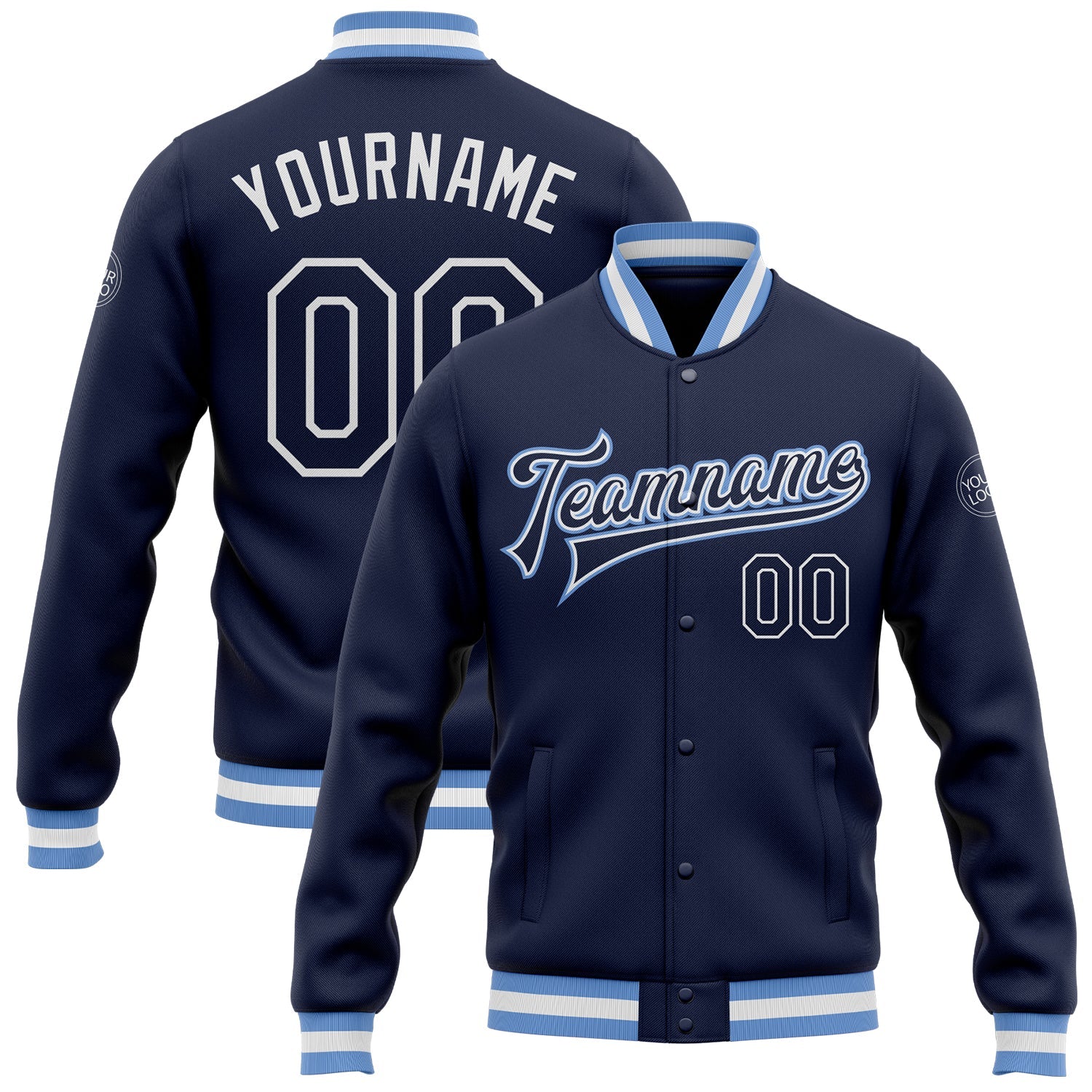 Custom Navy Navy-Light Blue Bomber Full-Snap Varsity Letterman Jacket - Main View