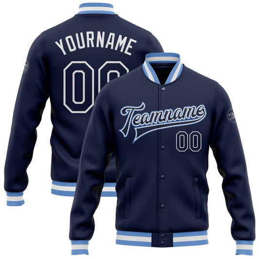 Custom Navy Navy-Light Blue Bomber Full-Snap Varsity Letterman Jacket - Main View