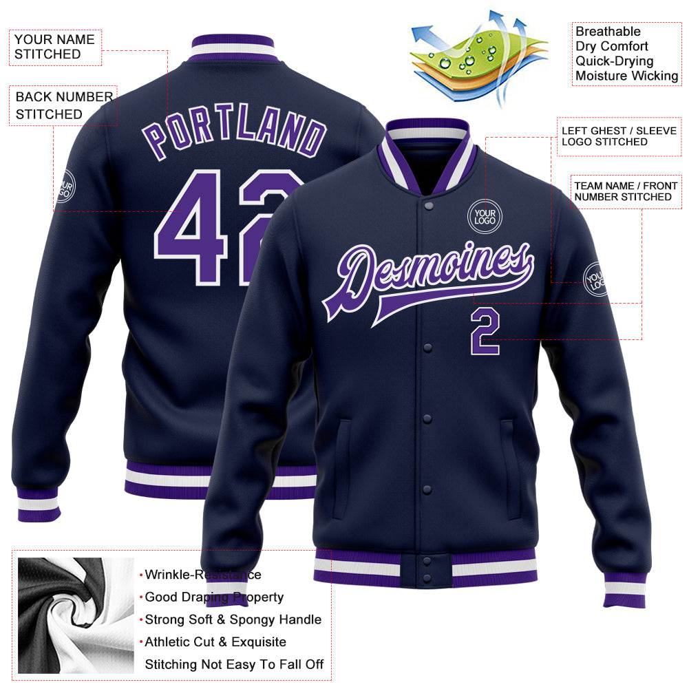 Custom Navy Purple-White Bomber Full-Snap Varsity Letterman Jacket view 5
