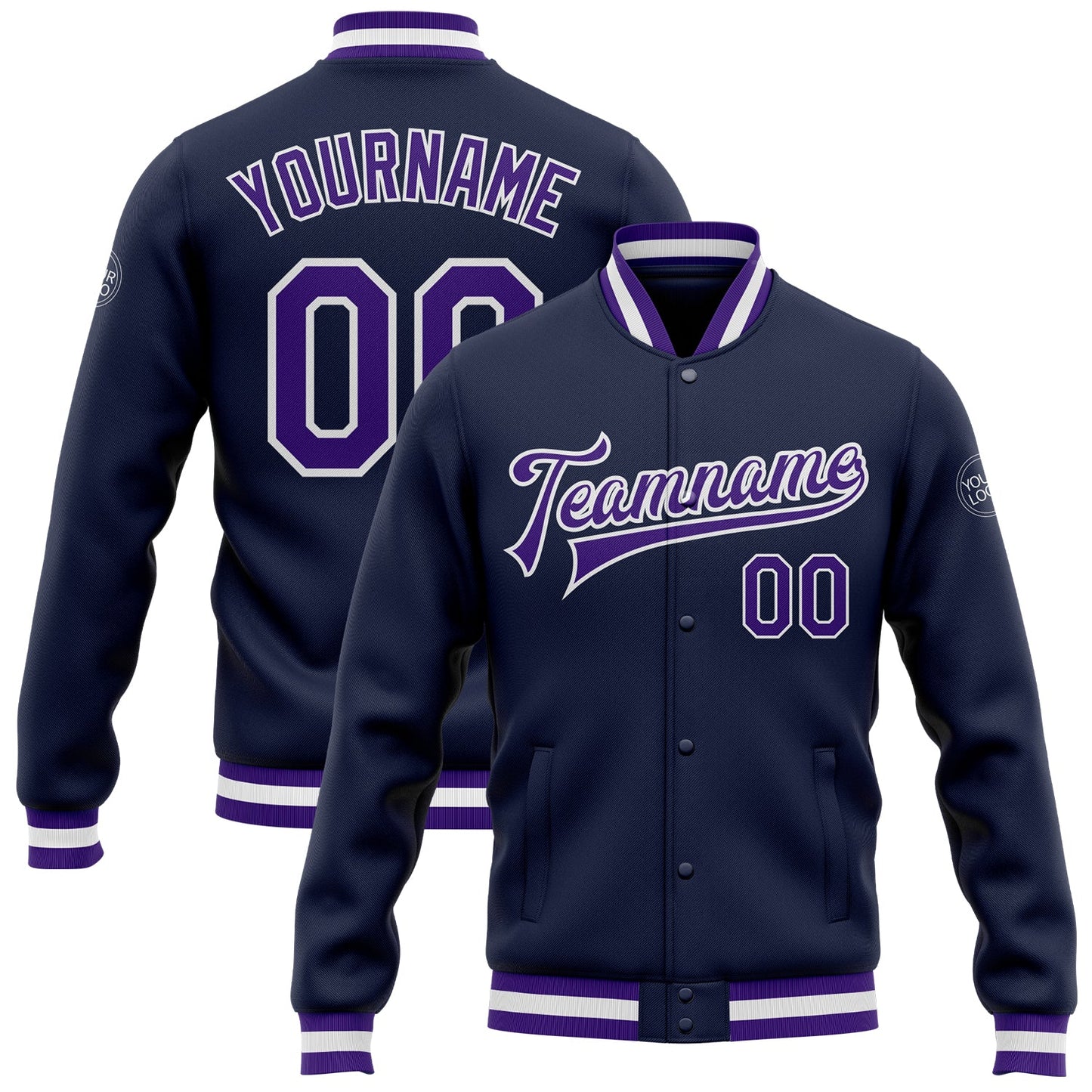 Custom Navy Purple-White Bomber Full-Snap Varsity Letterman Jacket - Main View