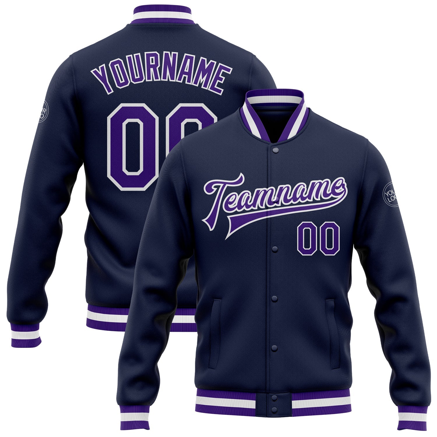Custom Navy Purple-White Bomber Full-Snap Varsity Letterman Jacket - Main View