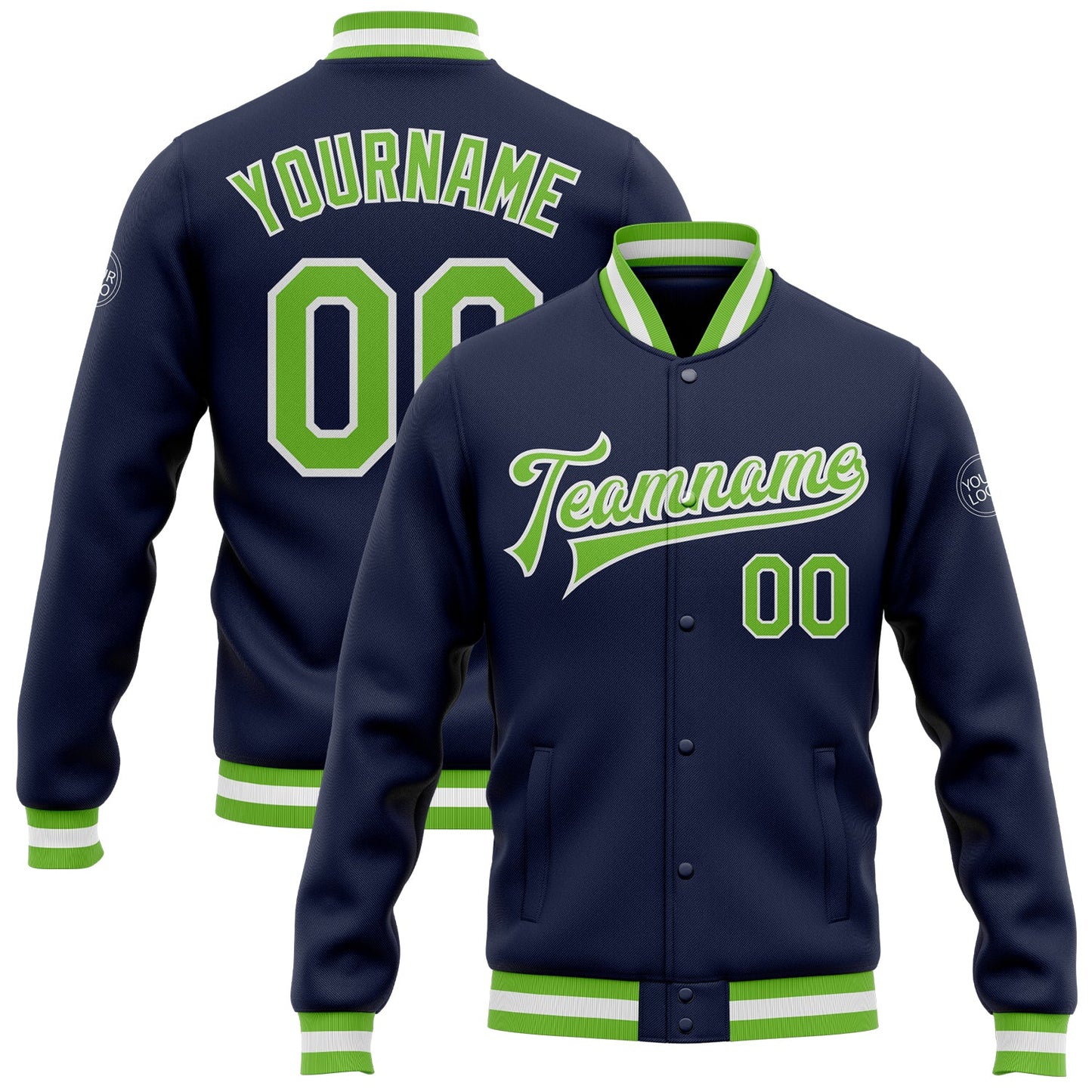Custom Navy Neon Green-White Bomber Full-Snap Varsity Letterman Jacket - Main View