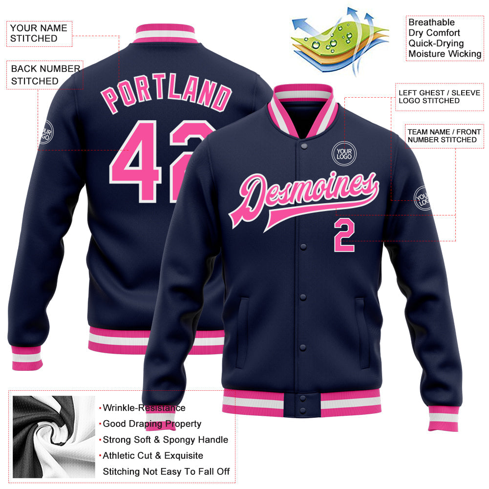 Custom Navy Pink-White Bomber Full-Snap Varsity Letterman Jacket view 5