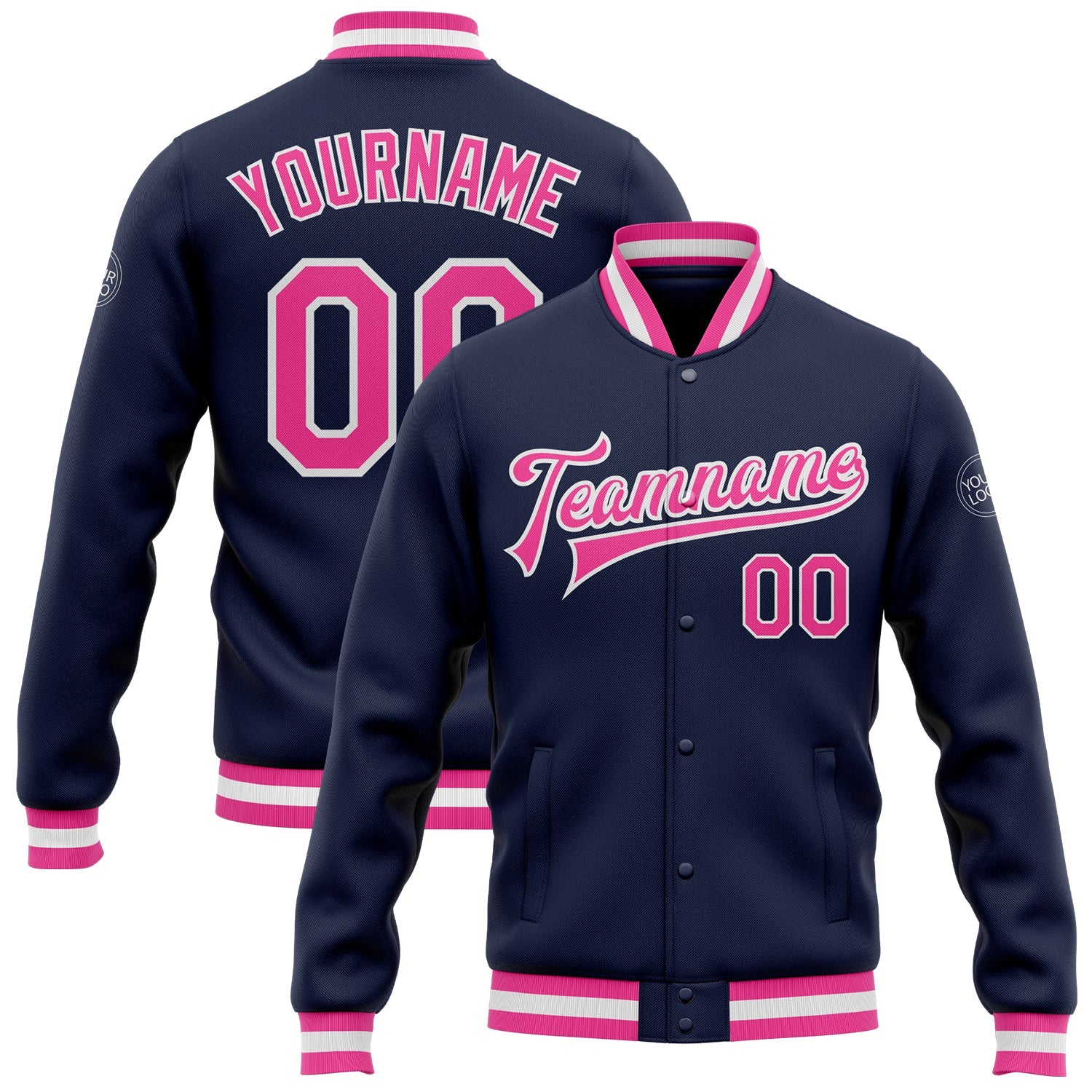 Custom Navy Pink-White Bomber Full-Snap Varsity Letterman Jacket - Main View