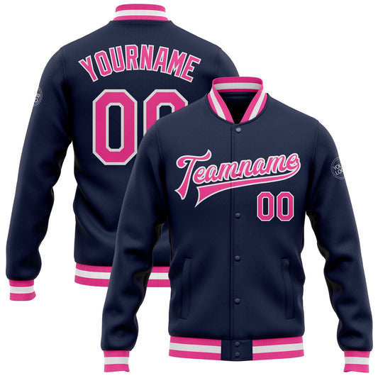 Custom Navy Pink-White Bomber Full-Snap Varsity Letterman Jacket - Main View