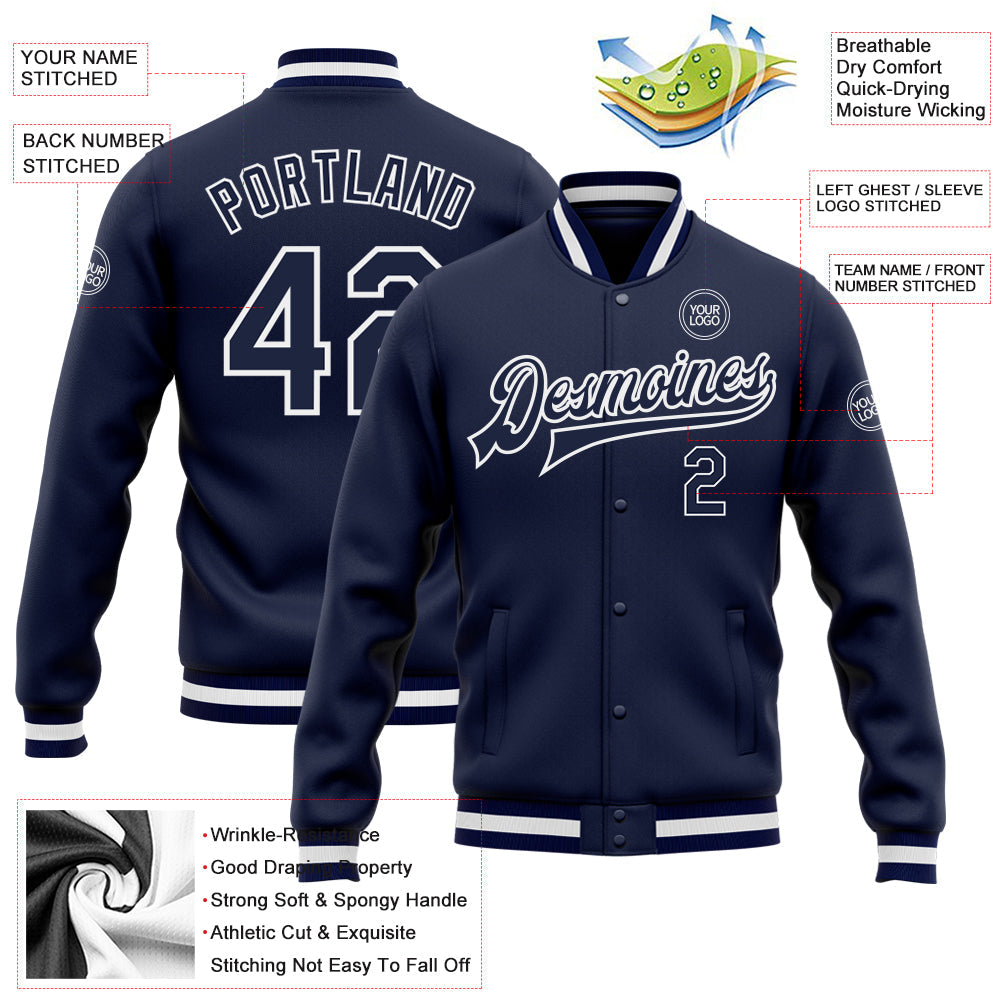 Custom Navy Navy-White Bomber Full-Snap Varsity Letterman Jacket view 5