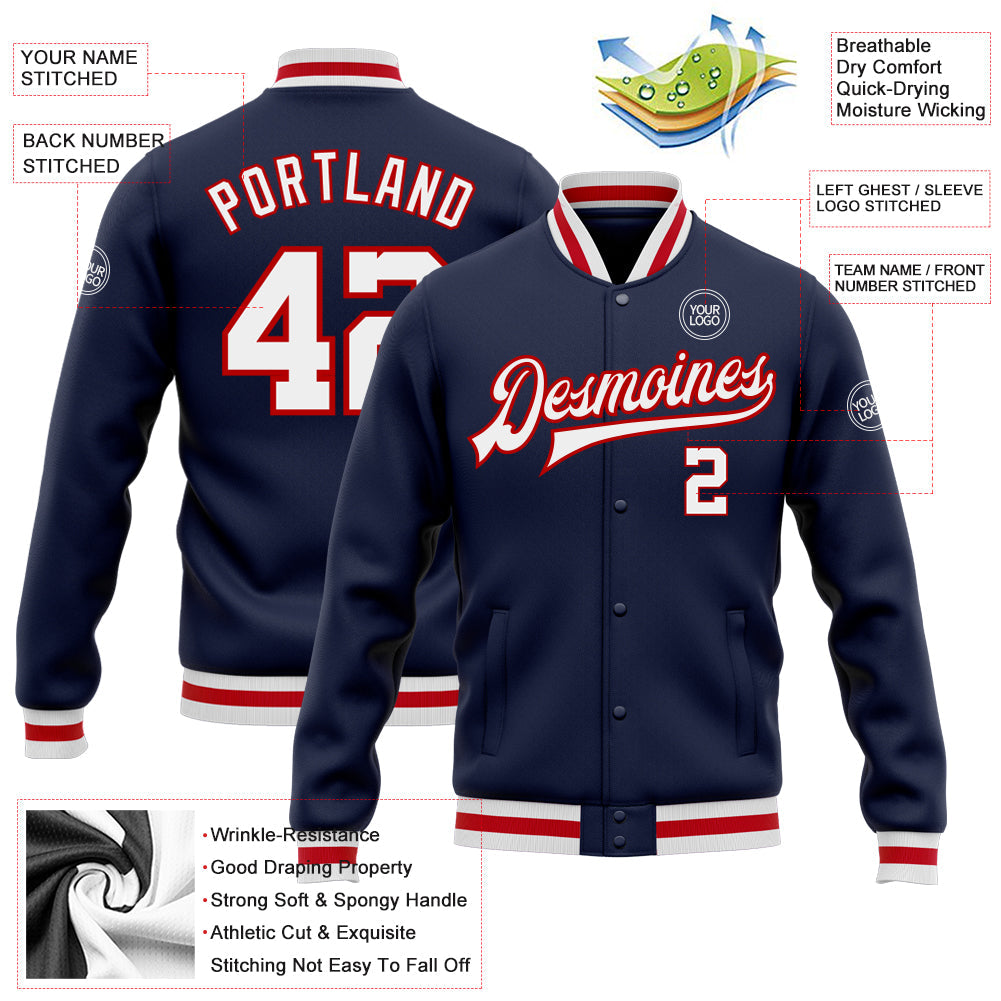 Custom Navy White-Red Bomber Full-Snap Varsity Letterman Jacket view 5