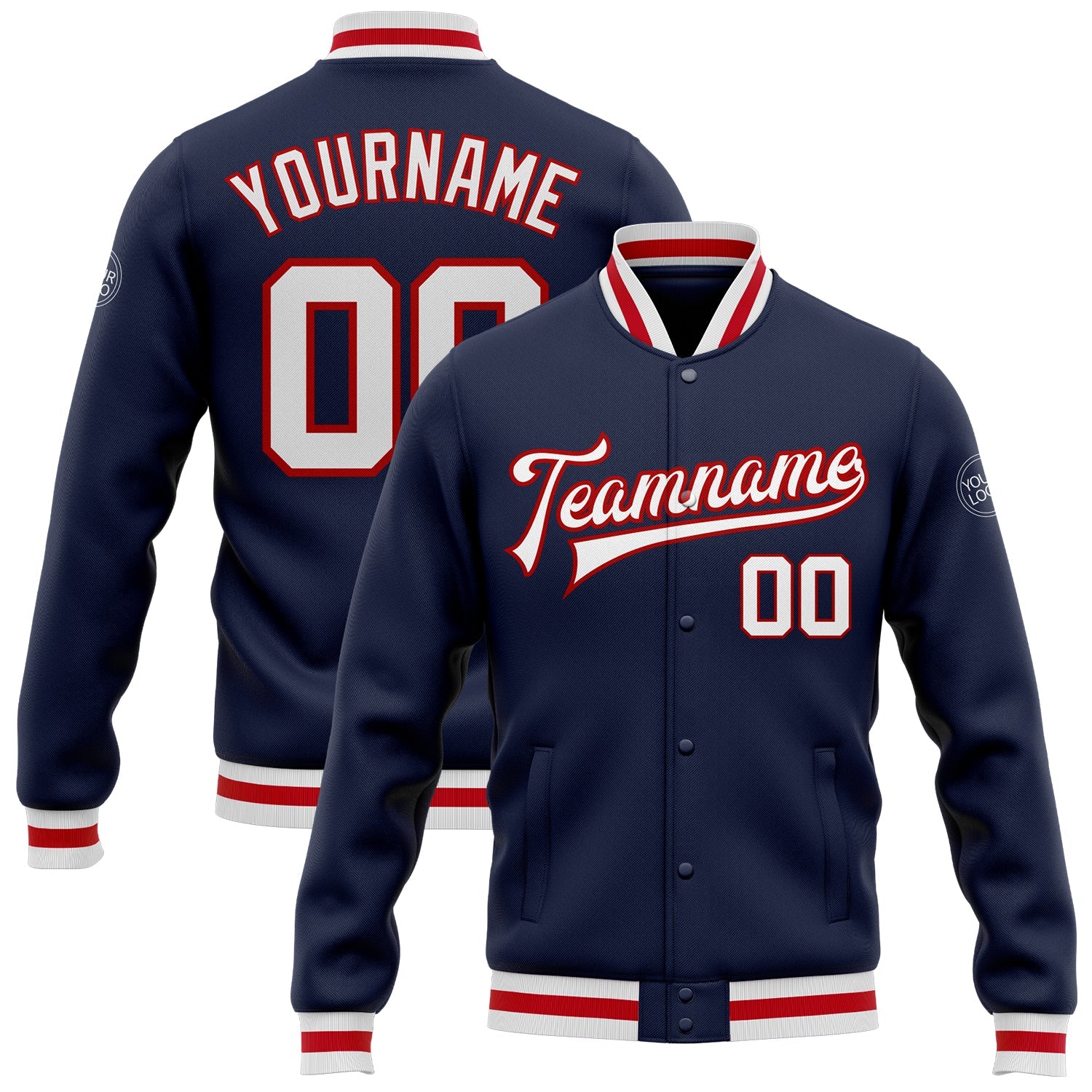 Custom Navy White-Red Bomber Full-Snap Varsity Letterman Jacket - Main View