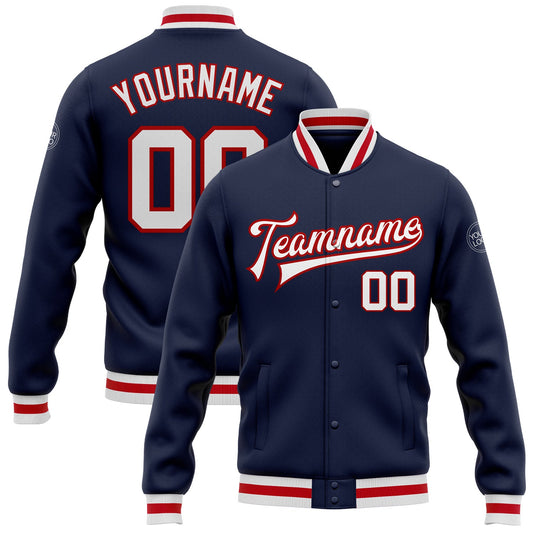 Custom Navy White-Red Bomber Full-Snap Varsity Letterman Jacket - Main View