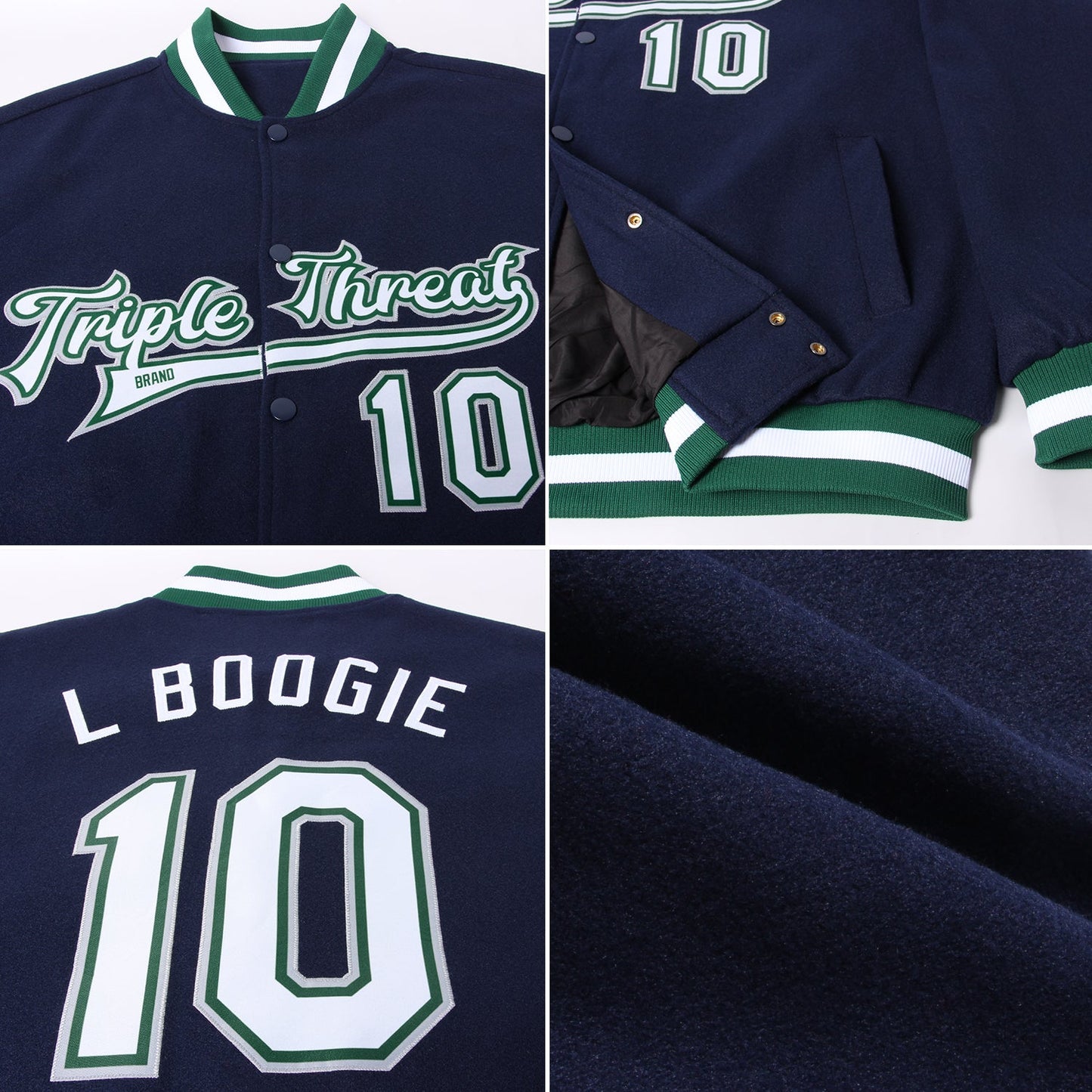 Custom Navy White Kelly Green-Gray Bomber Full-Snap Varsity Letterman Jacket view 4