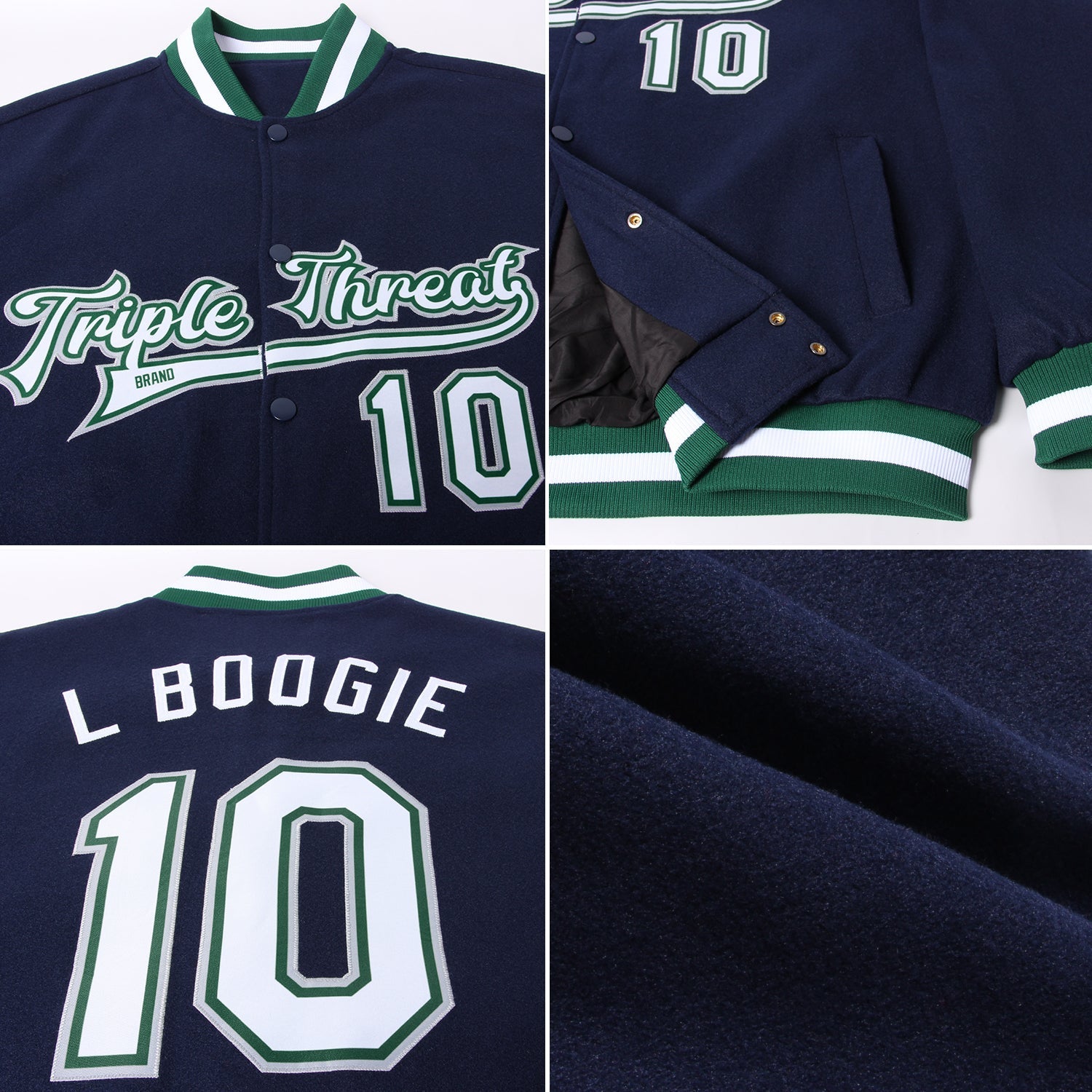 Custom Navy White Kelly Green-Gray Bomber Full-Snap Varsity Letterman Jacket view 4