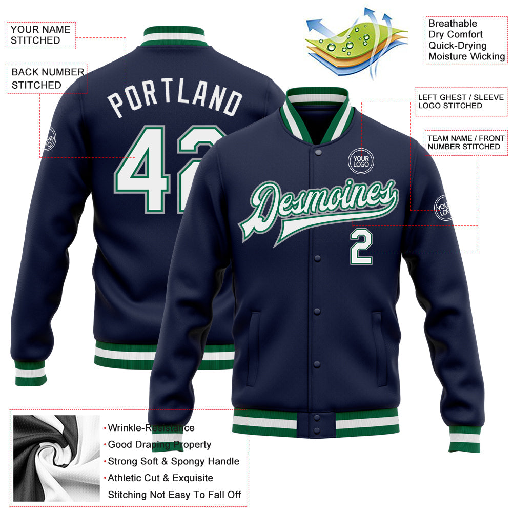 Custom Navy White Kelly Green-Gray Bomber Full-Snap Varsity Letterman Jacket view 5
