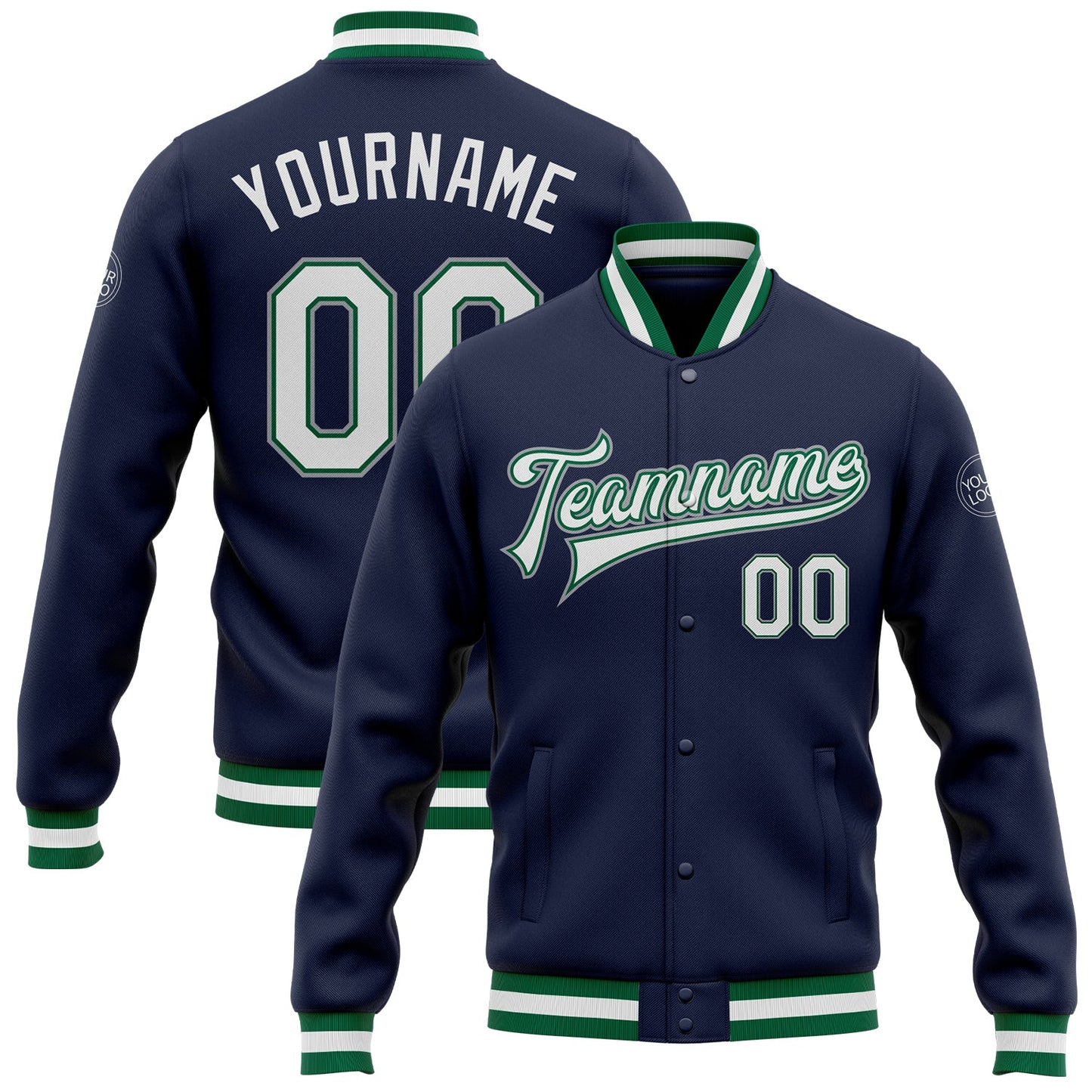 Custom Navy White Kelly Green-Gray Bomber Full-Snap Varsity Letterman Jacket - Main View