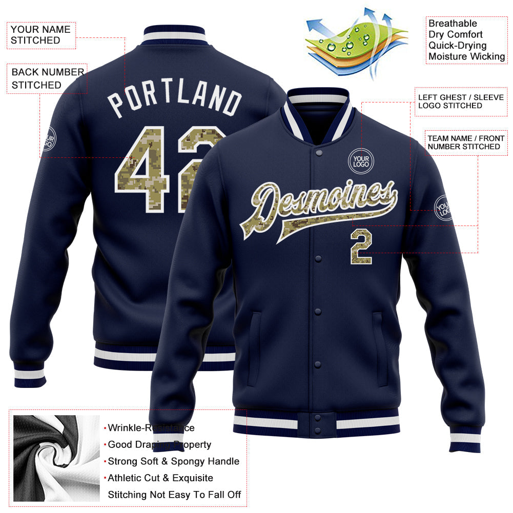 Custom Navy Camo-White Bomber Full-Snap Varsity Letterman Jacket view 5