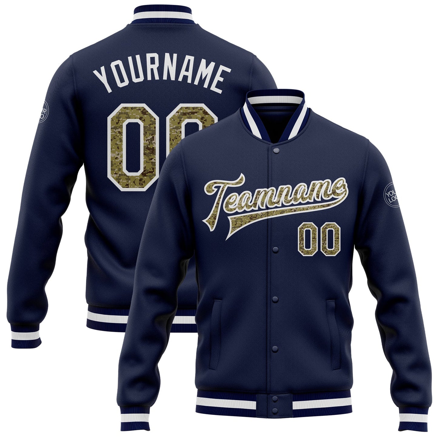 Custom Navy Camo-White Bomber Full-Snap Varsity Letterman Jacket - Main View