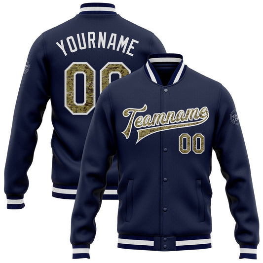Custom Navy Camo-White Bomber Full-Snap Varsity Letterman Jacket - Main View