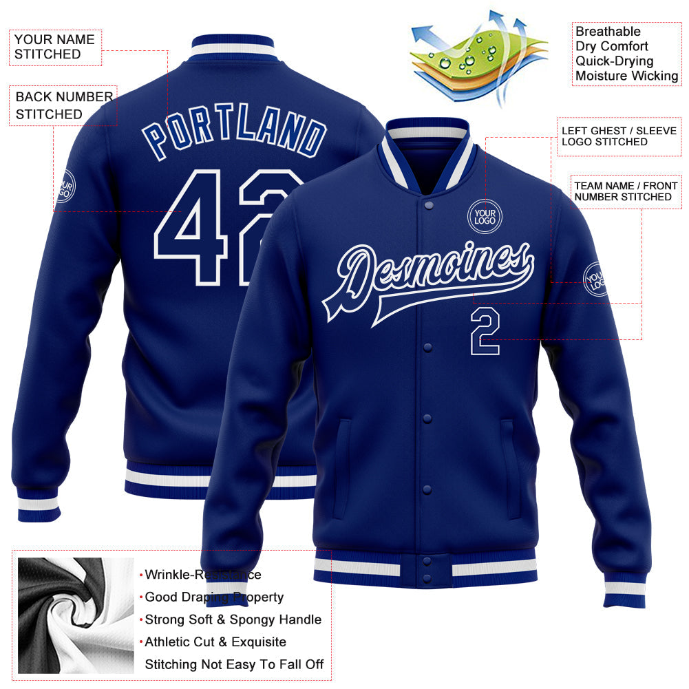 Custom Royal Royal-White Bomber Full-Snap Varsity Letterman Jacket view 5