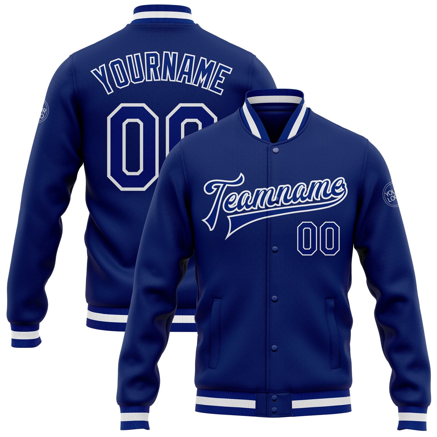 Custom Royal Royal-White Bomber Full-Snap Varsity Letterman Jacket - Main View
