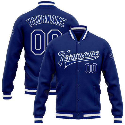 Custom Royal Royal-White Bomber Full-Snap Varsity Letterman Jacket - Main View