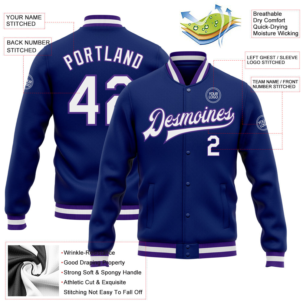 Custom Royal White-Purple Bomber Full-Snap Varsity Letterman Jacket view 5