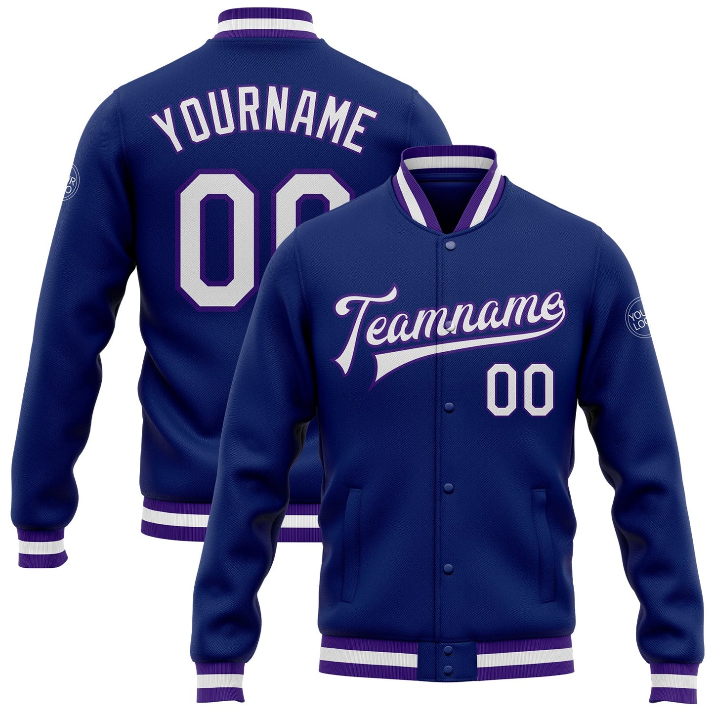 Custom Royal White-Purple Bomber Full-Snap Varsity Letterman Jacket - Main View