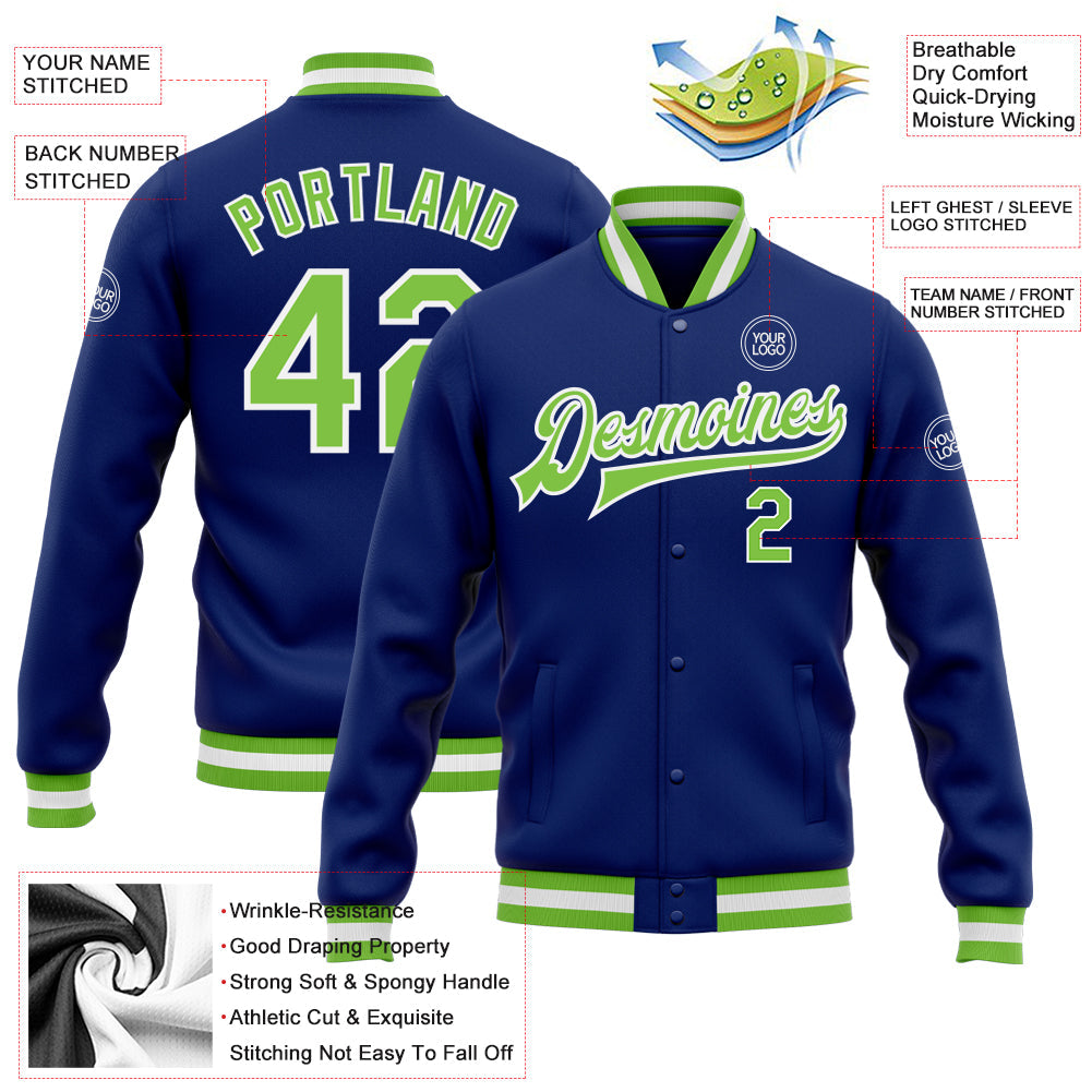 Custom Royal Neon Green-White Bomber Full-Snap Varsity Letterman Jacket view 5