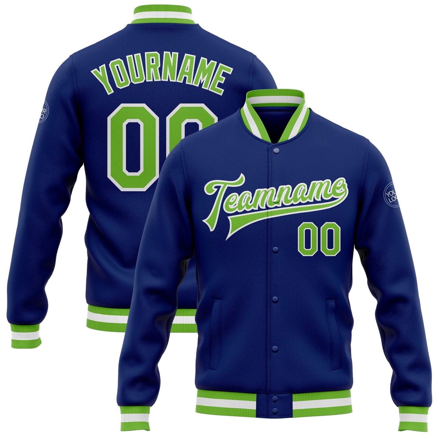 Custom Royal Neon Green-White Bomber Full-Snap Varsity Letterman Jacket - Main View