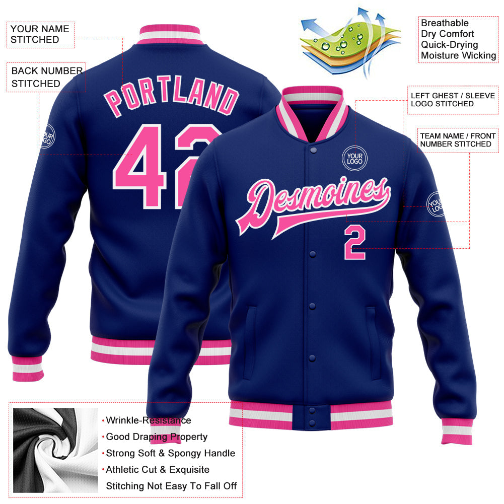 Custom Royal Pink-White Bomber Full-Snap Varsity Letterman Jacket view 5
