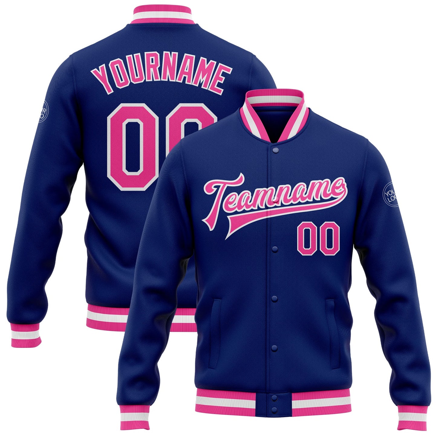Custom Royal Pink-White Bomber Full-Snap Varsity Letterman Jacket - Main View