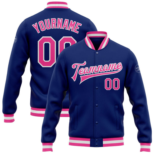 Custom Royal Pink-White Bomber Full-Snap Varsity Letterman Jacket - Main View