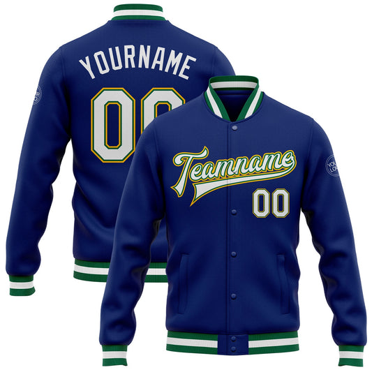 Custom Royal White Kelly Green-Gold Bomber Full-Snap Varsity Letterman Jacket - Main View
