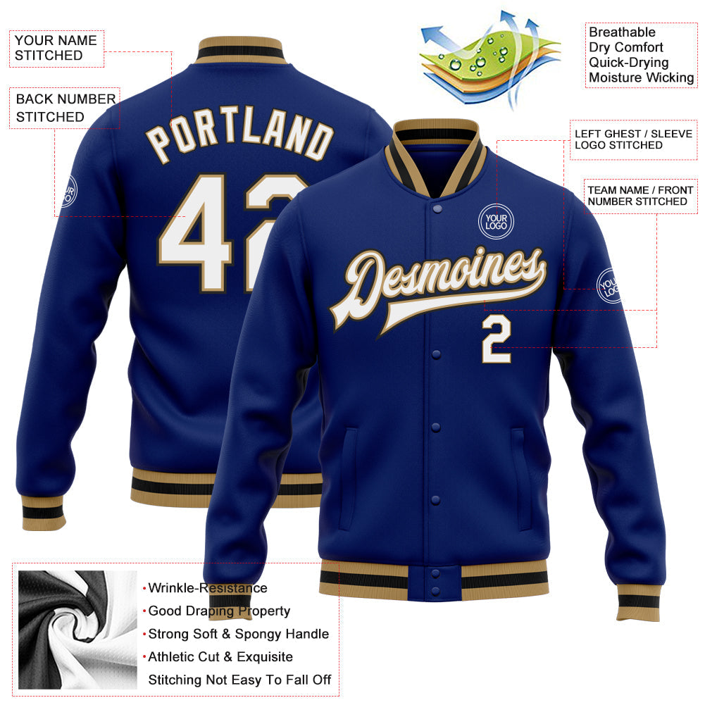 Custom Royal White Old Gold-Black Bomber Full-Snap Varsity Letterman Jacket view 5