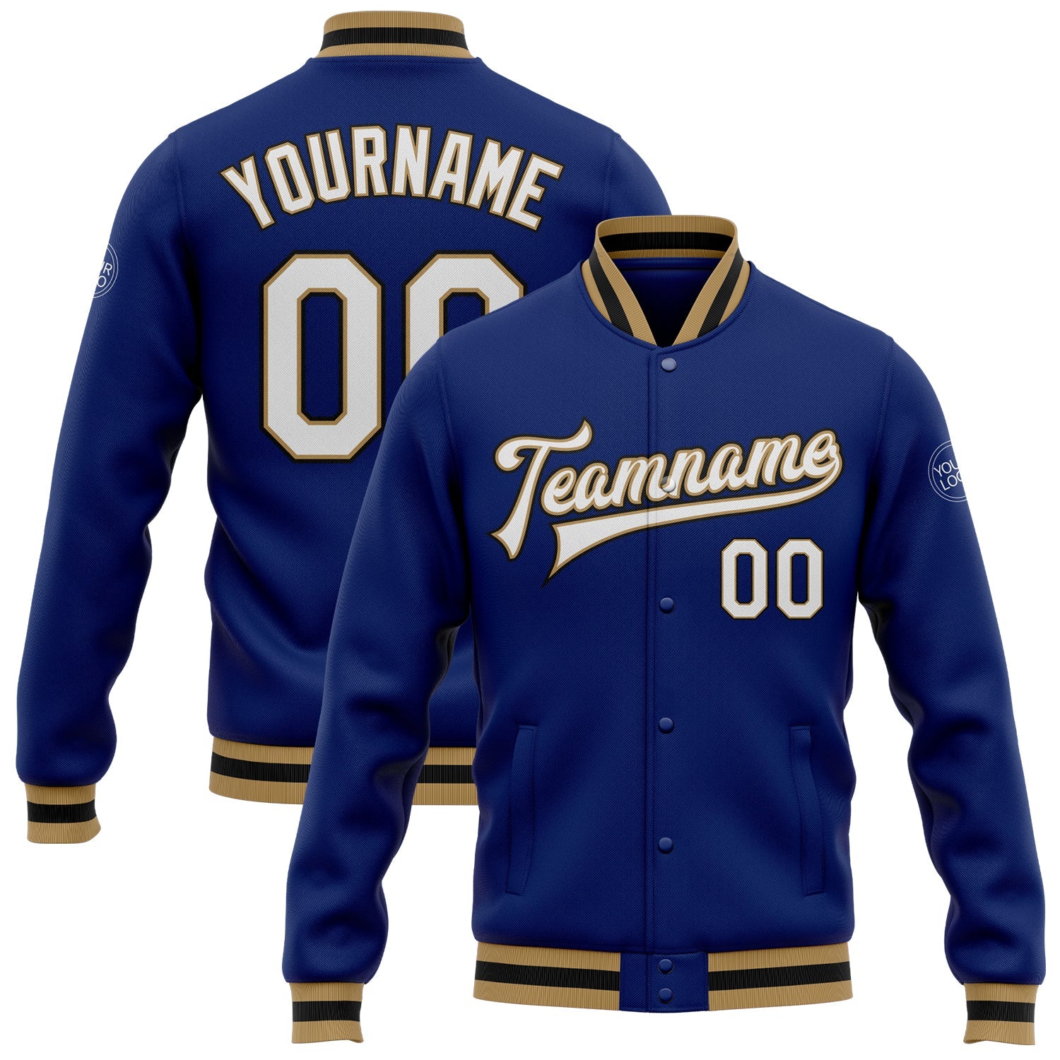 Custom Royal White Old Gold-Black Bomber Full-Snap Varsity Letterman Jacket - Main View