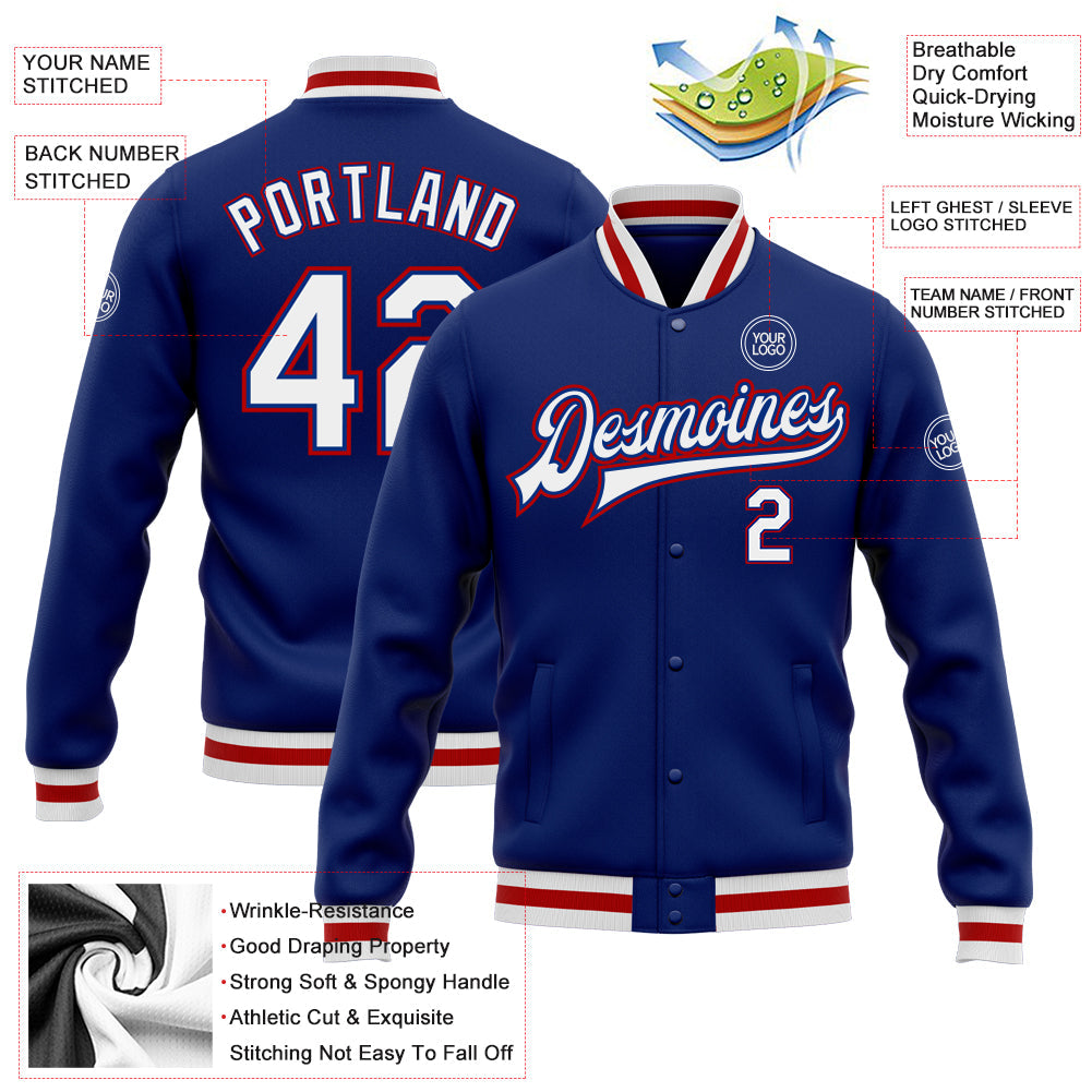 Custom Royal White-Red Bomber Full-Snap Varsity Letterman Jacket view 5