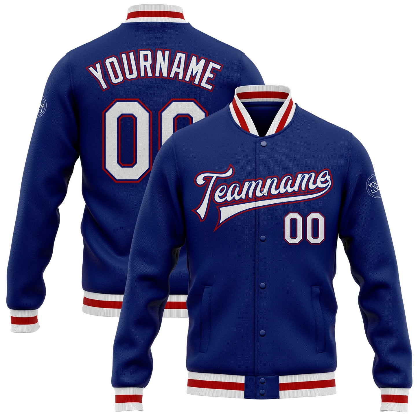 Custom Royal White-Red Bomber Full-Snap Varsity Letterman Jacket - Main View