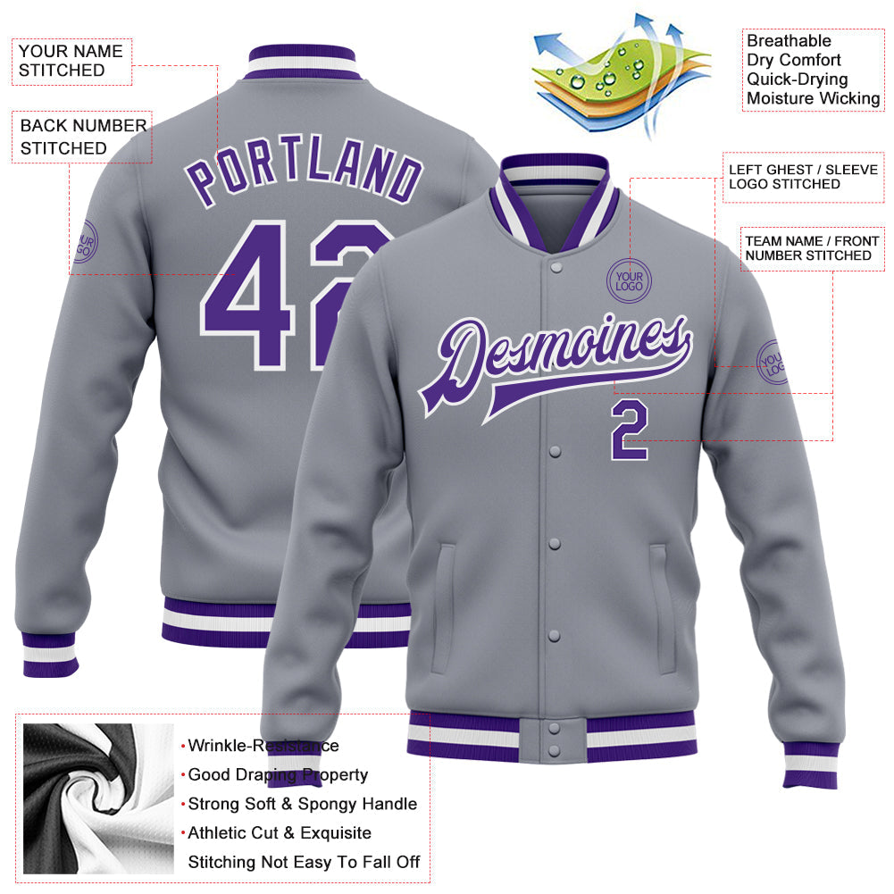 Custom Gray Purple-White Bomber Full-Snap Varsity Letterman Jacket view 5