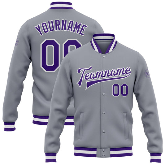Custom Gray Purple-White Bomber Full-Snap Varsity Letterman Jacket - Main View
