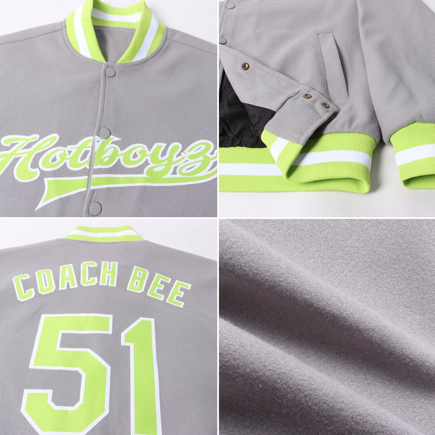 Custom Gray Neon Green-White Bomber Full-Snap Varsity Letterman Jacket view 4
