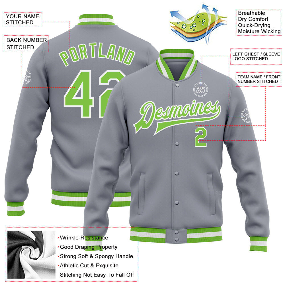 Custom Gray Neon Green-White Bomber Full-Snap Varsity Letterman Jacket view 5