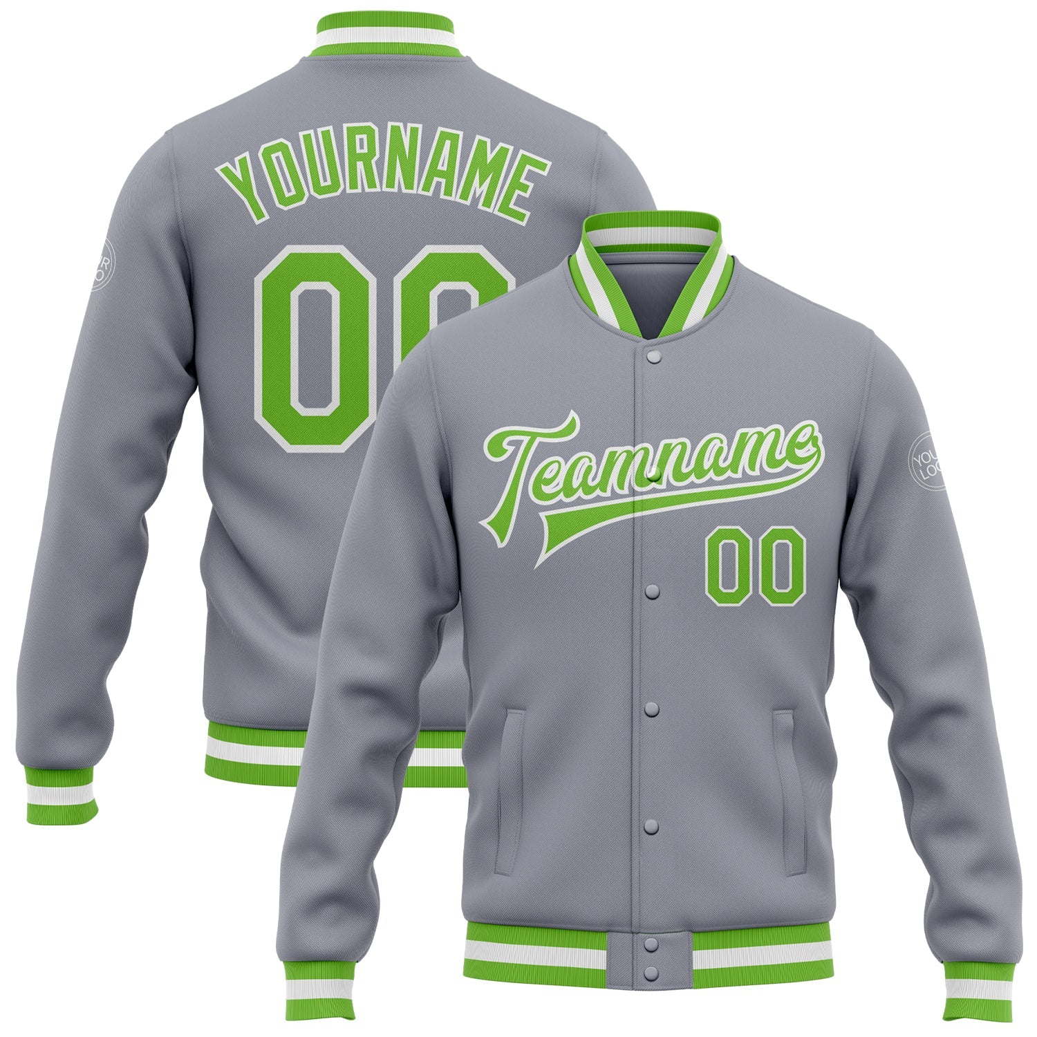 Custom Gray Neon Green-White Bomber Full-Snap Varsity Letterman Jacket - Main View