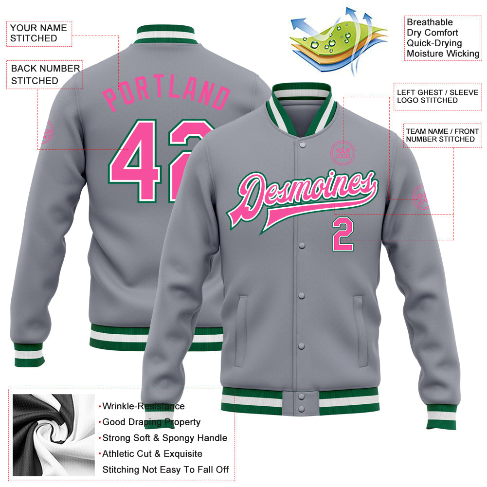 Custom Gray Pink-Kelly Green Bomber Full-Snap Varsity Letterman Jacket view 5