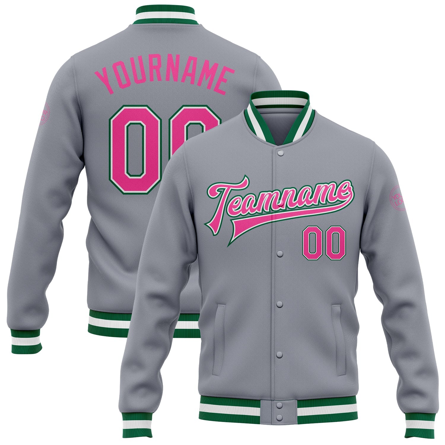 Custom Gray Pink-Kelly Green Bomber Full-Snap Varsity Letterman Jacket - Main View