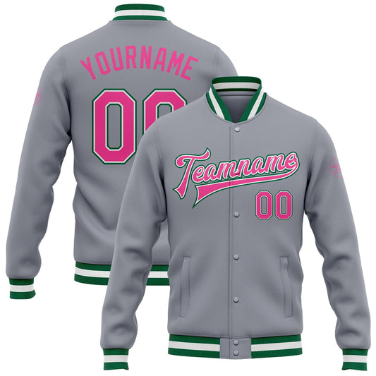 Custom Gray Pink-Kelly Green Bomber Full-Snap Varsity Letterman Jacket - Main View
