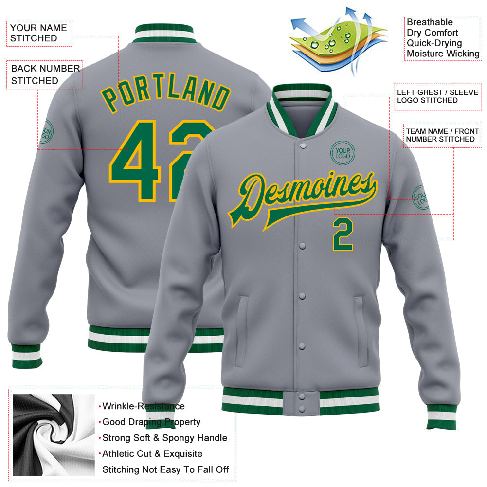 Custom Gray Kelly Green-Gold Bomber Full-Snap Varsity Letterman Jacket view 5