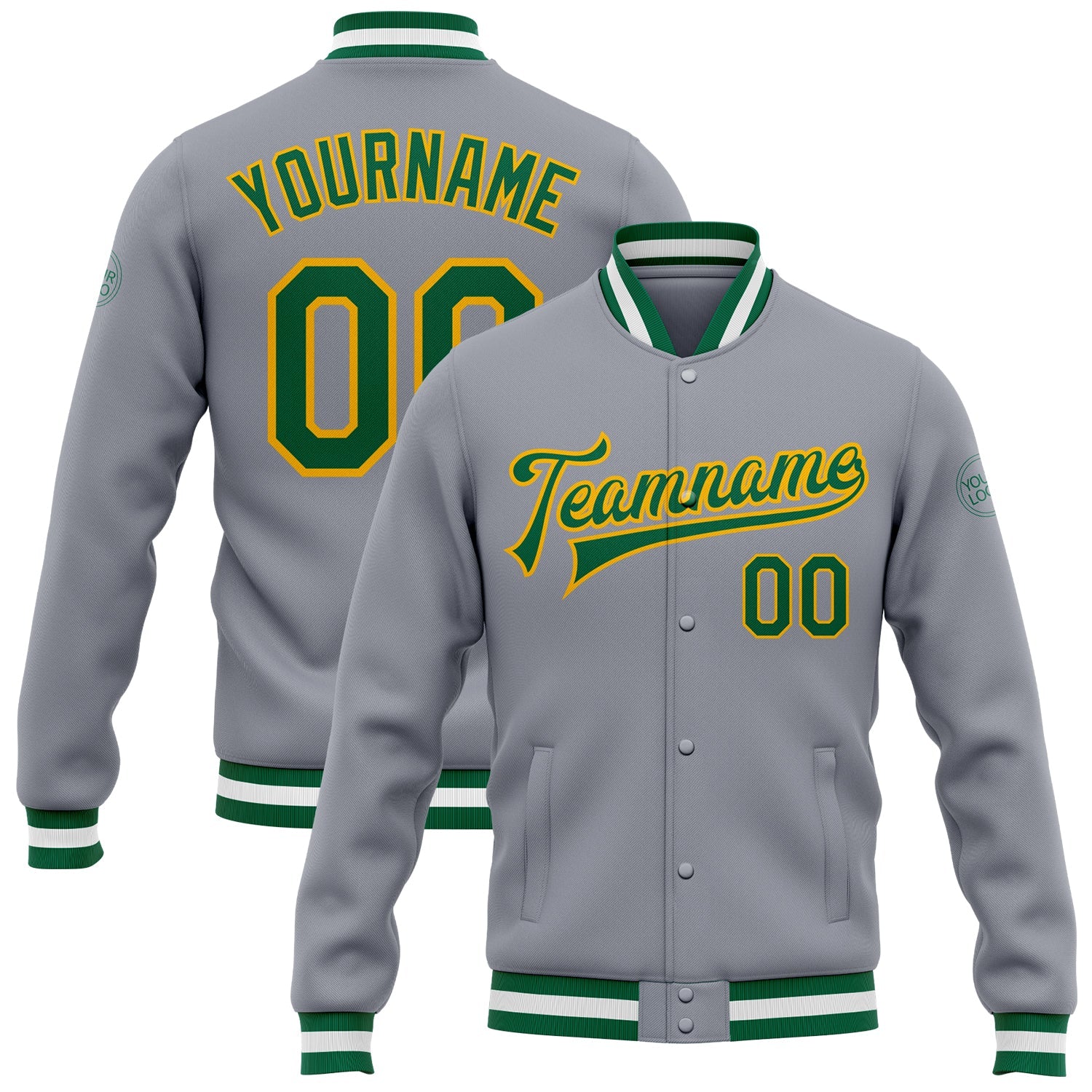 Custom Gray Kelly Green-Gold Bomber Full-Snap Varsity Letterman Jacket - Main View