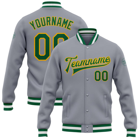 Custom Gray Kelly Green-Gold Bomber Full-Snap Varsity Letterman Jacket - Main View