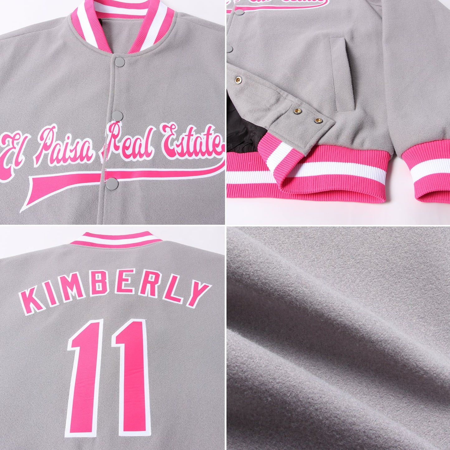 Custom Gray Pink-White Bomber Full-Snap Varsity Letterman Jacket view 4