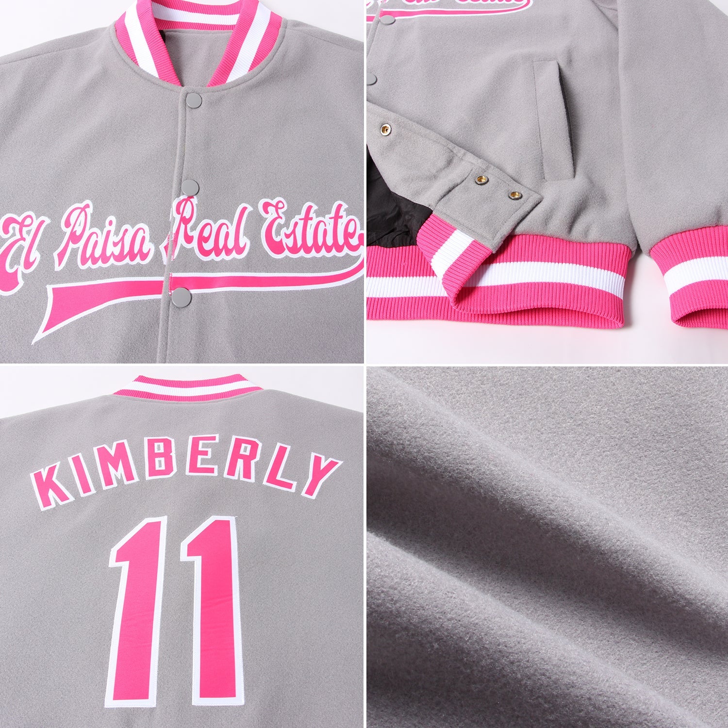 Custom Gray Pink-White Bomber Full-Snap Varsity Letterman Jacket view 4