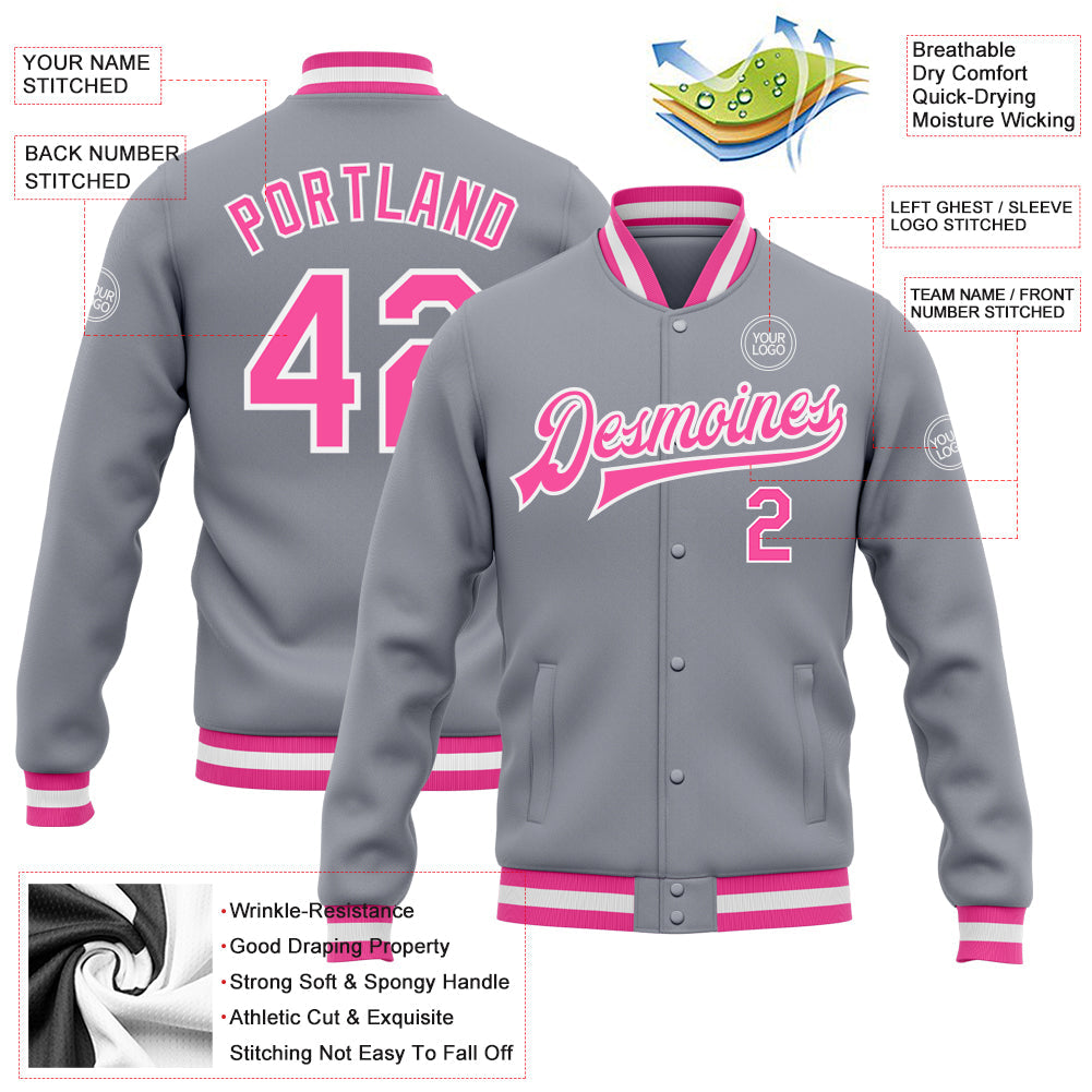Custom Gray Pink-White Bomber Full-Snap Varsity Letterman Jacket view 5